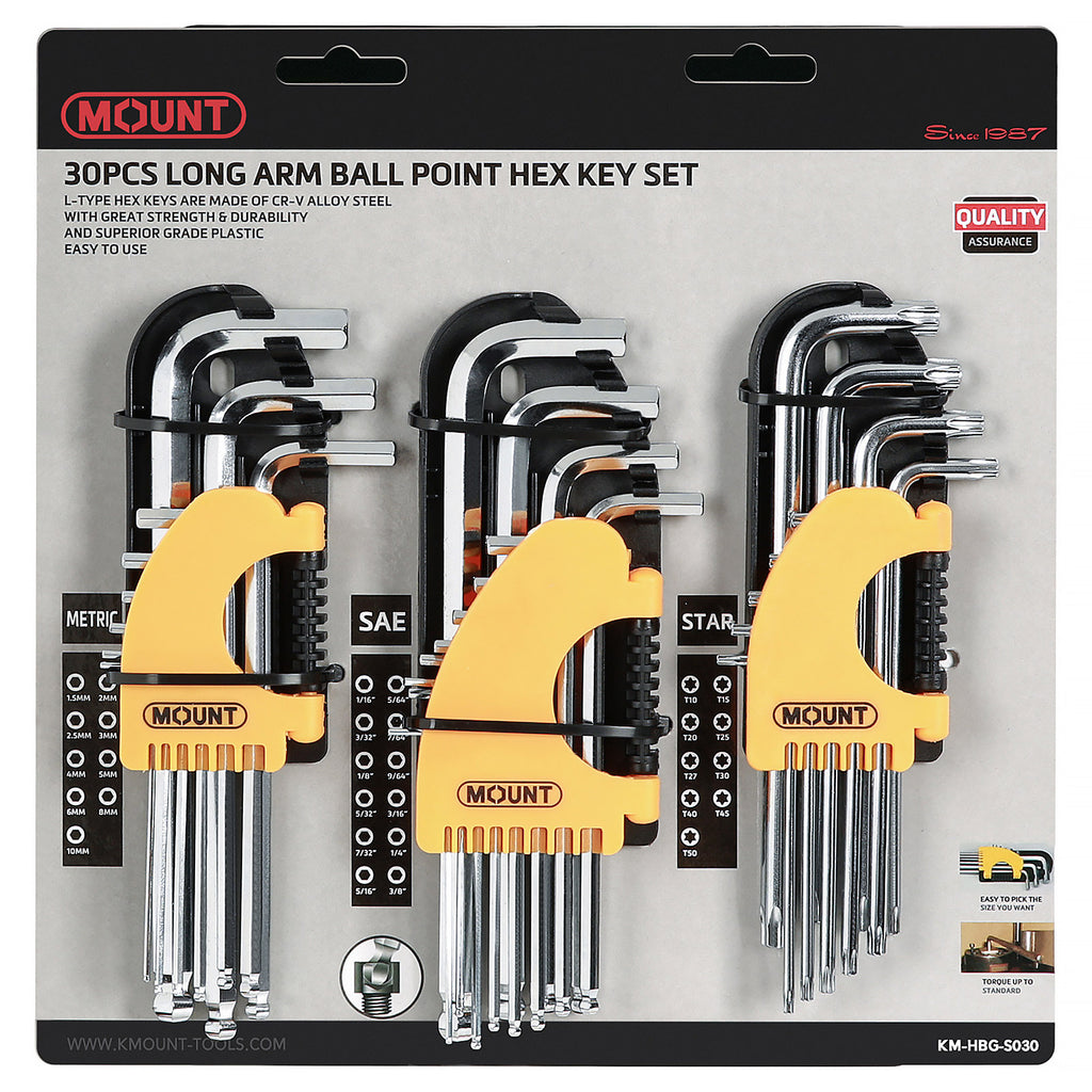 Mount 30PCS Long Arm Ball End Hex Key Allen Wrench Set, Metric/SAE/Torx