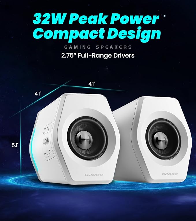 HECATE by Edifier G2000 32W PC Gaming Computer Speakers for Laptop Mac Desktop Computer Woofer Speakers Bluetooth USB 3.5mm AUX Inputs RGB Lights Multimedia Speakers White