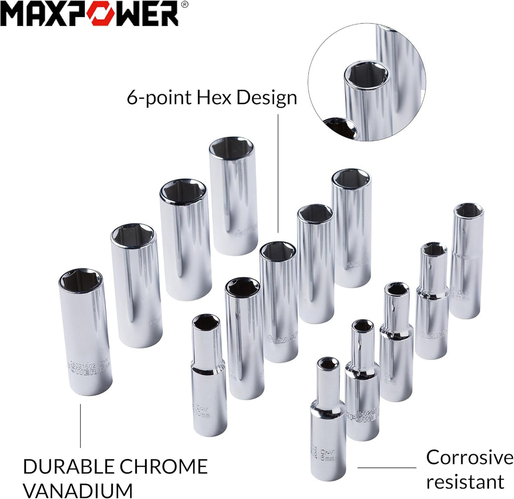 MAXPOWER 14pc 3/8" Drive Deep Socket Set