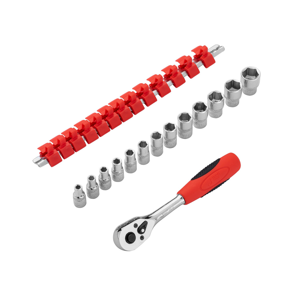 Jetech 1/4 Inch Drive Socket and Ratchet Handle Set (4mm - 14mm), Metric, 14PCS