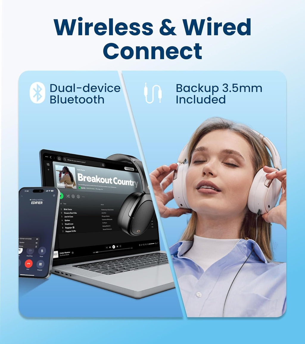 Edifier WH950NB Gen 2 Wireless Hybrid Active Noise Cancelling Headphones, Hi-Res Audio with LDAC, 8-Level ANC, Spatial Sound, 80H Playtime, Bluetooth 5.4, Foldable, 3.5mm AUX, Travel Case